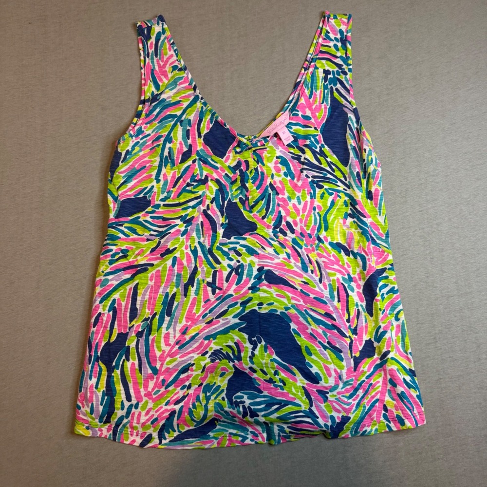 Lilly Pulitzer Etta Tank Top XS Pink Green Navy Blue Palm Leaf Print Cotton Slub